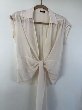 Massimo Dutti Silk Cream Tie-Front Short Sleeve Blouse (100% silk)